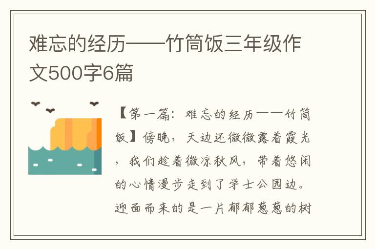 难忘的经历——竹筒饭三年级作文500字6篇