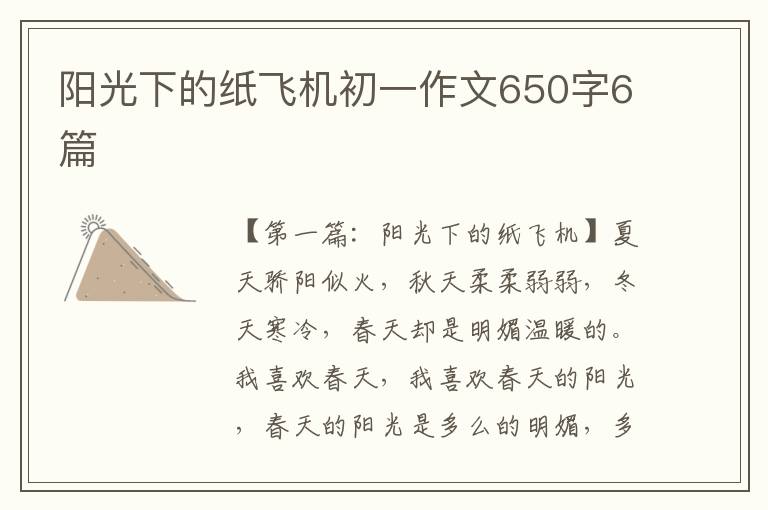 阳光下的纸飞机初一作文650字6篇